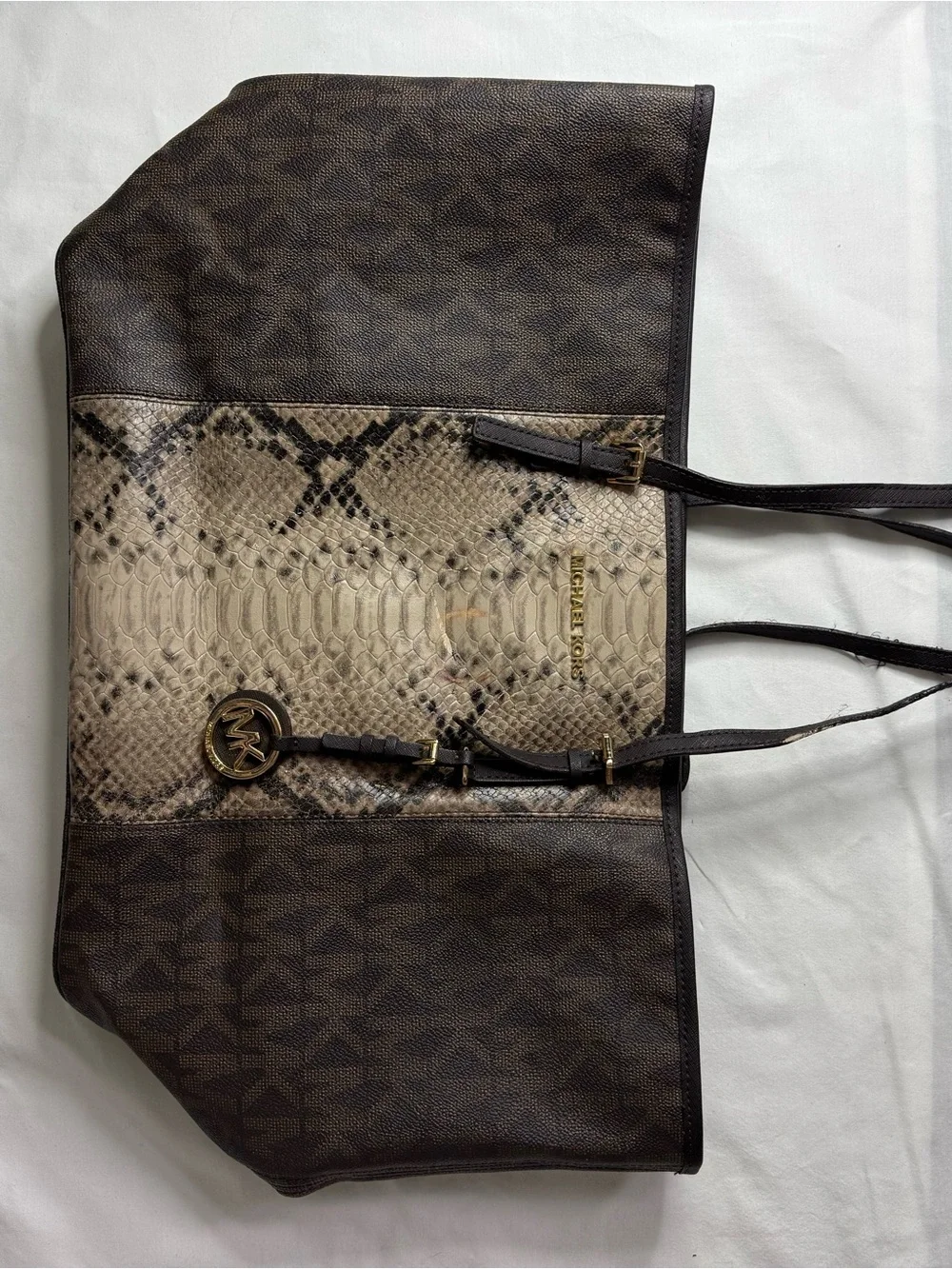 Michael Kors Taupe and Black Snake-Print Shoulder Bag with Gold Hardware
